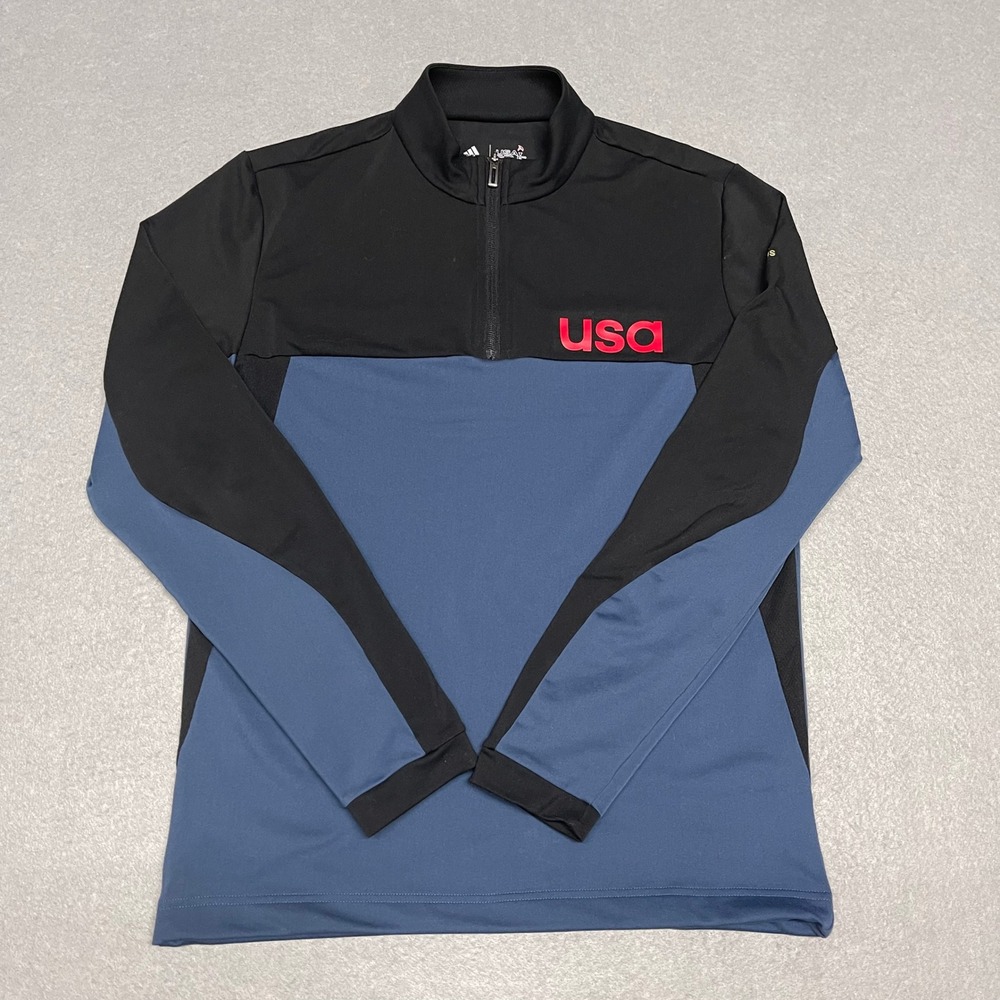 Adidas USA Golf Sweatshirt Mens Small Blue Black 1/4 Zip Colorblock Pullover